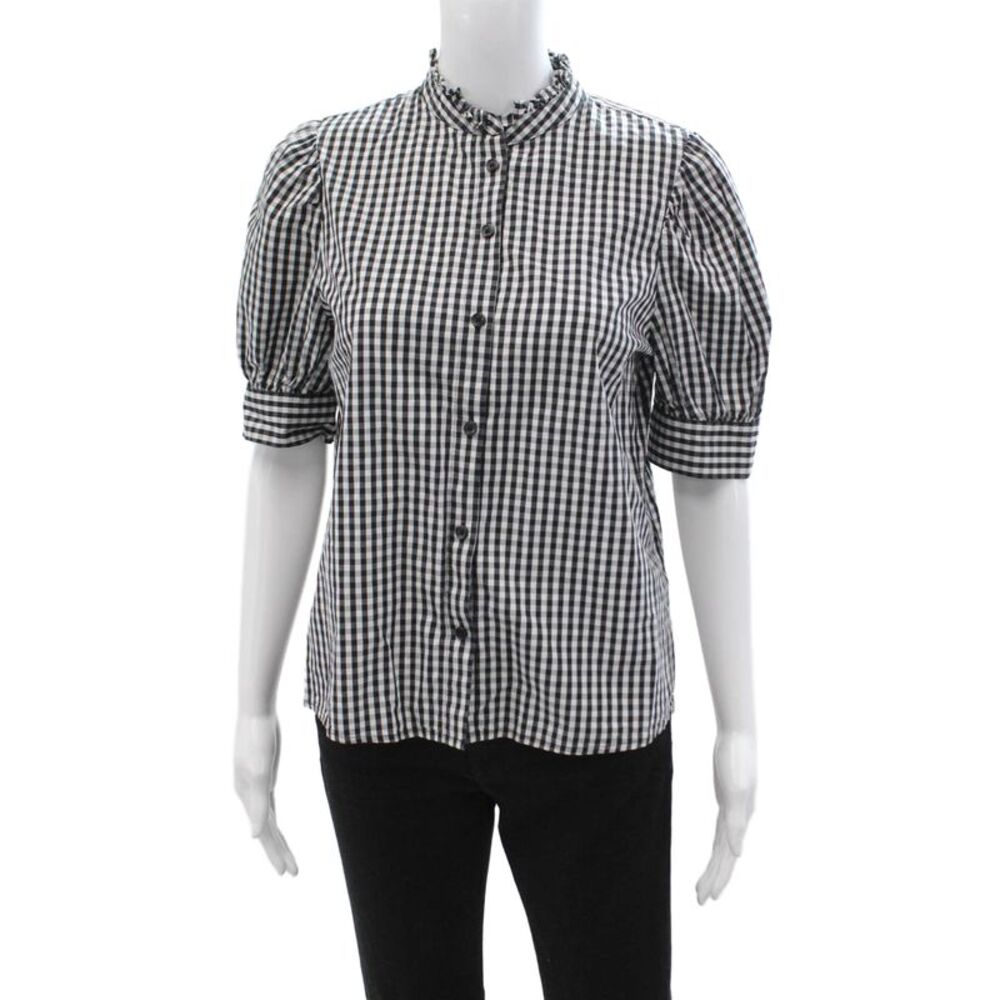 Who Wore What Womens Black Check Cotton High Neck Button Up Blouse Size S